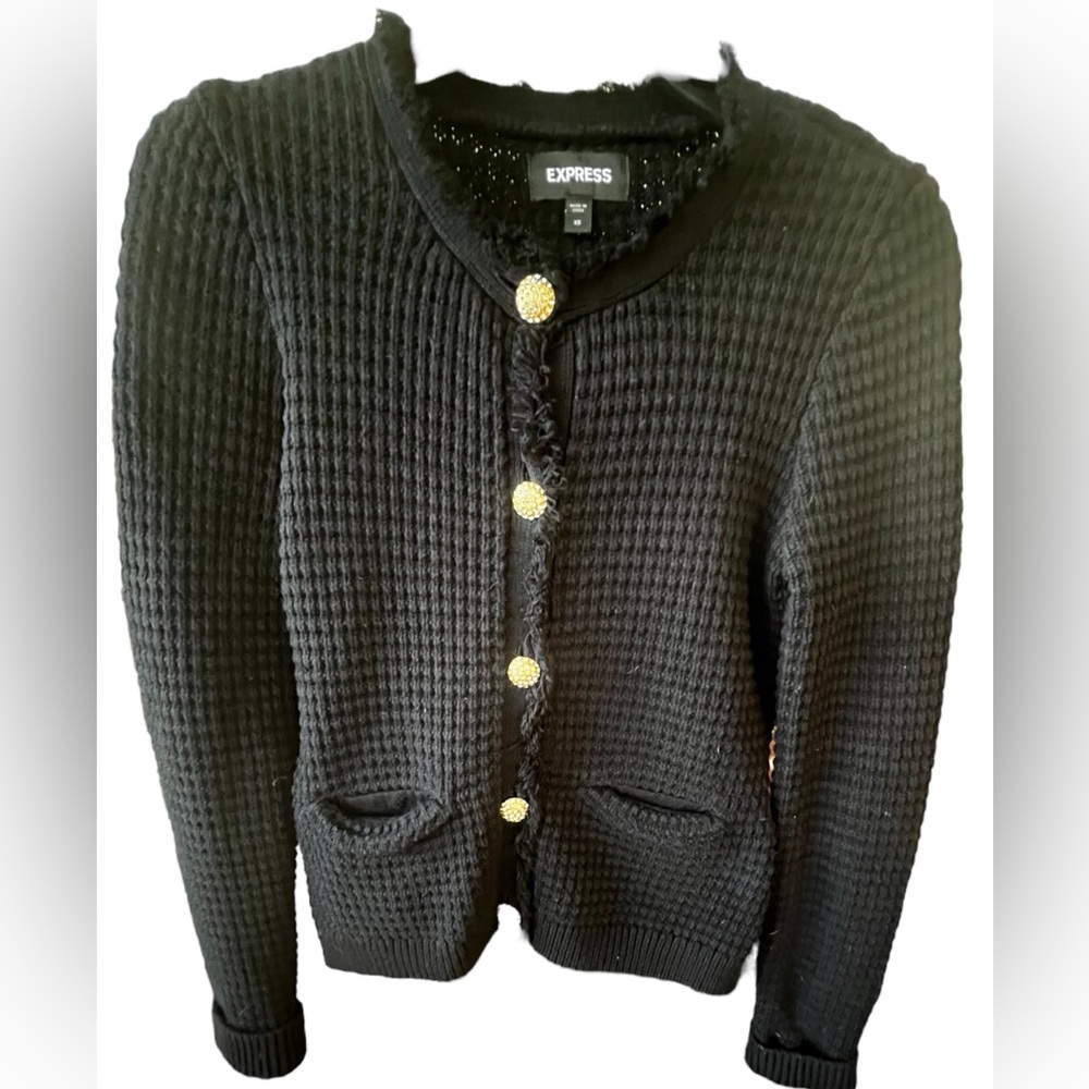 Express cardigan with bejeweled gold tone buttons